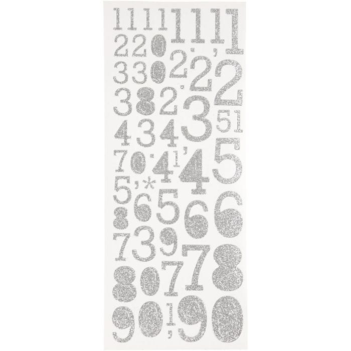 Stickers glitter, numeri, foglio 10x24 cm, argento, 2fgl./ 1 conf.