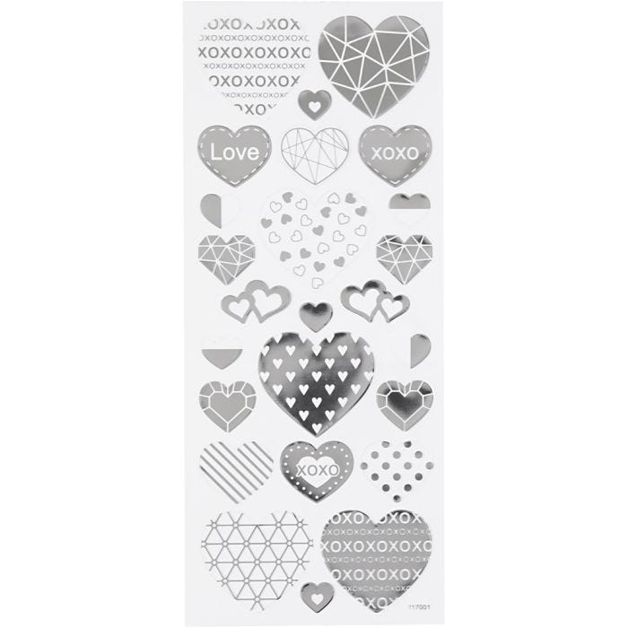 Stickers, cuori, foglio 10x24 cm, argento, 1 fgl.