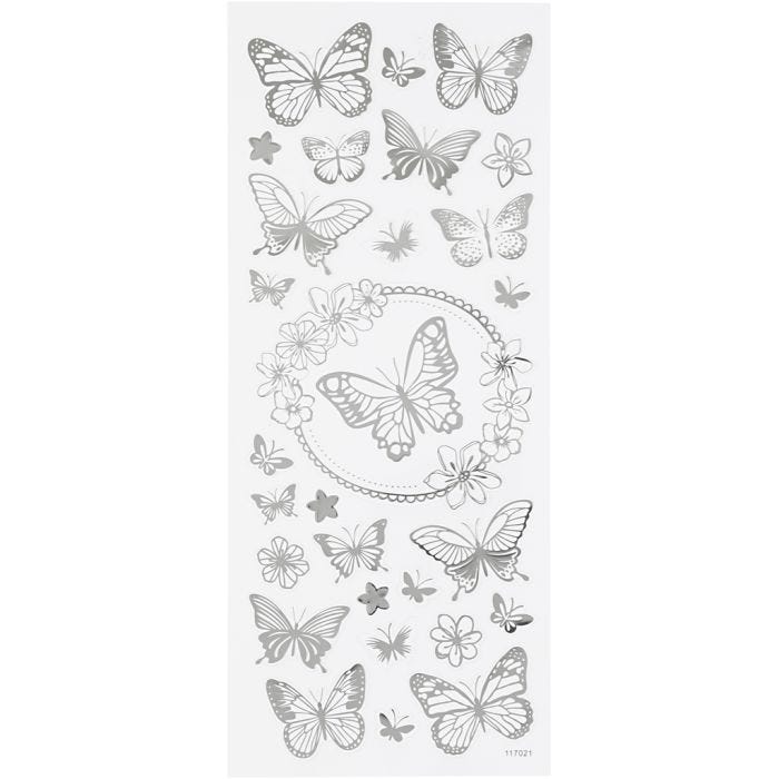 Stickers stelle, farfalle, foglio 10x24 cm, argento, 1 fgl.