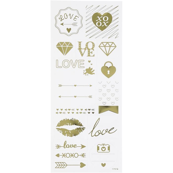 Stickers thank you, love, foglio 10x24 cm, oro, 1 fgl.