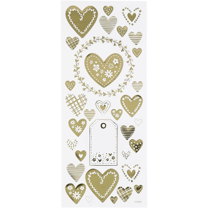 Stickers thank you, cuori, foglio 10x24 cm, oro, 1 fgl.