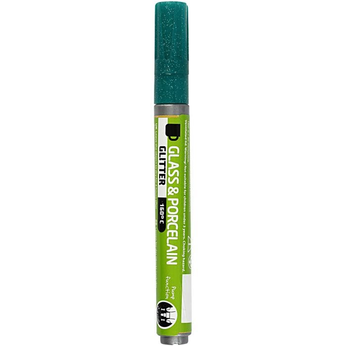 Penna per Vetro e Porcellana, glitter, ampiezza tratto 2-4 mm, semi opaco, verde scuro, 1 pz