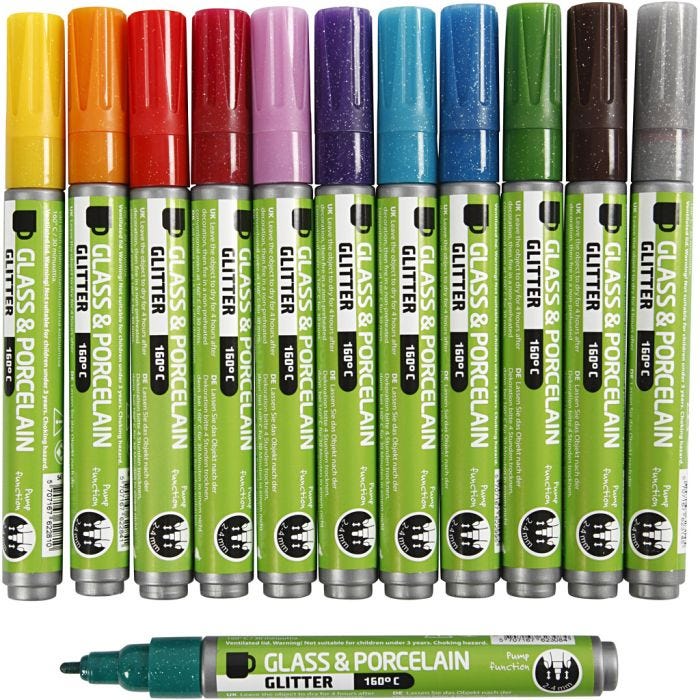 Penna per Vetro e Porcellana, ampiezza tratto 2-4 mm, semi opaco, colori asst., 12 pz/ 1 conf.