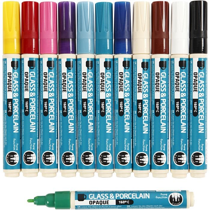 Pennarello per vetro e porcellana, ampiezza tratto 2-4 mm, opaca, colori asst., 12 pz/ 1 conf.