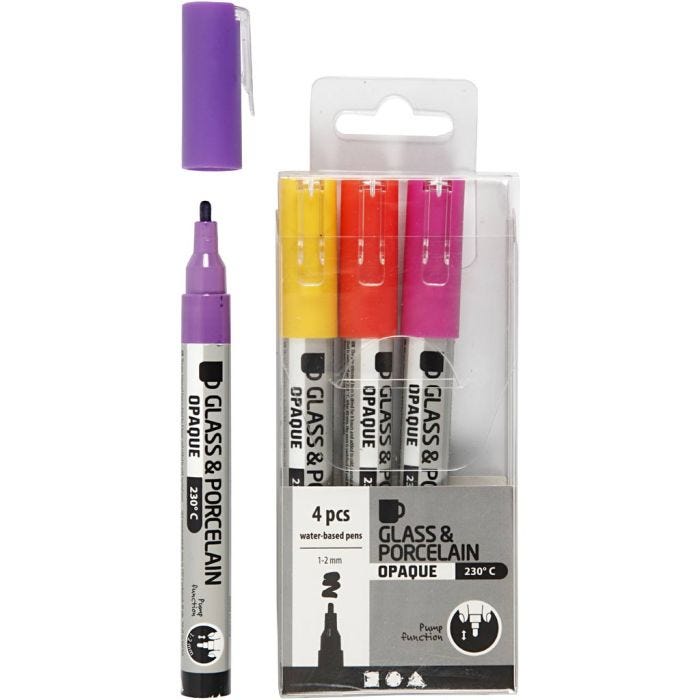 Penna per vetro e porcellana, ampiezza tratto 1-2 mm, semi opaco, arancio, viola, rosso chiaro, giallo, 4 pz/ 1 conf.
