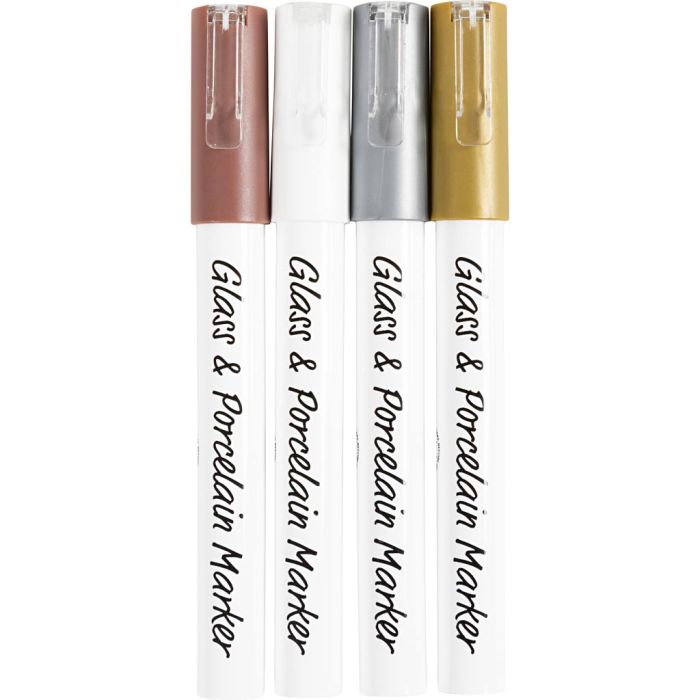 Penna per vetro e porcellana, ampiezza tratto 1-2 mm, semi opaco, marrone, oro, argento, bianco, 4 pz/ 1 conf.