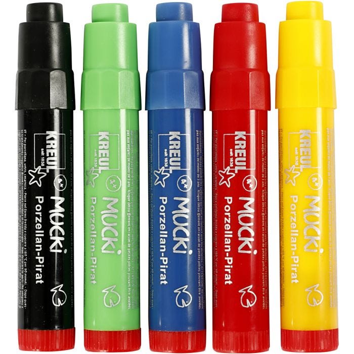 Pennarelli Mucki vetro e porcellana, ampiezza tratto 2-5 mm, colori asst., 5 pz/ 1 conf.