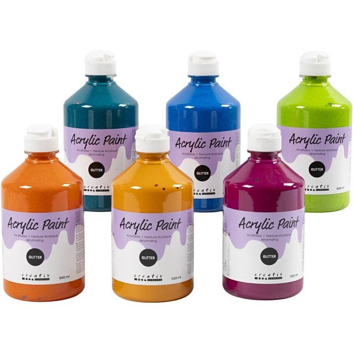 Colori acrilici glitterati, colori asst., 6x500 ml/ 1 conf.