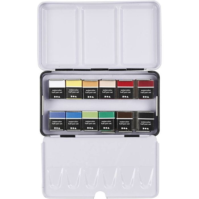 Acquerelli, ½-pan, misura 10x15x20 mm, colori standard, 12 color/ 1 conf.