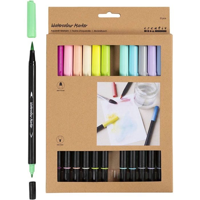 Pennelli per Acquerello, Pastello, ampiezza tratto 2+4-8 mm, colori asst., 12 pz/ 1 conf.