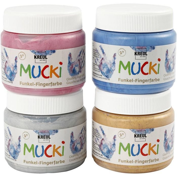 Mucki Pittura da dita, blu metallico, oro metallico, rosato metallico, argento metallico, 4x150 ml/ 1 conf.