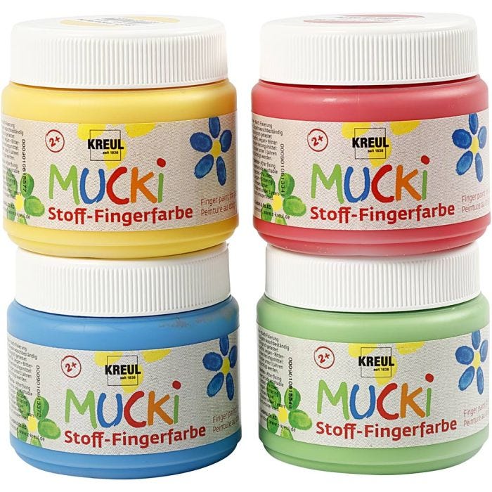 Muck Pittura da dita, blu, verde, rosso, giallo, 4x150 ml/ 1 conf.