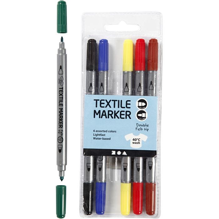 Pennarelli per tessuti, ampiezza tratto 2,3+3,6 mm, colori standard, 6 pz/ 1 conf.