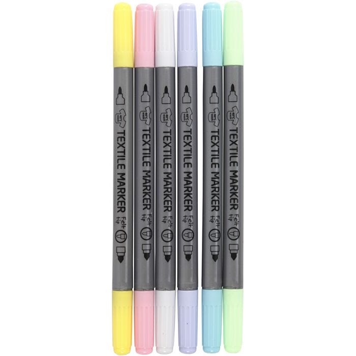 Pennarelli per tessuti, ampiezza tratto 2,3+3,6 mm, colori pastello, 6 pz/ 1 conf.