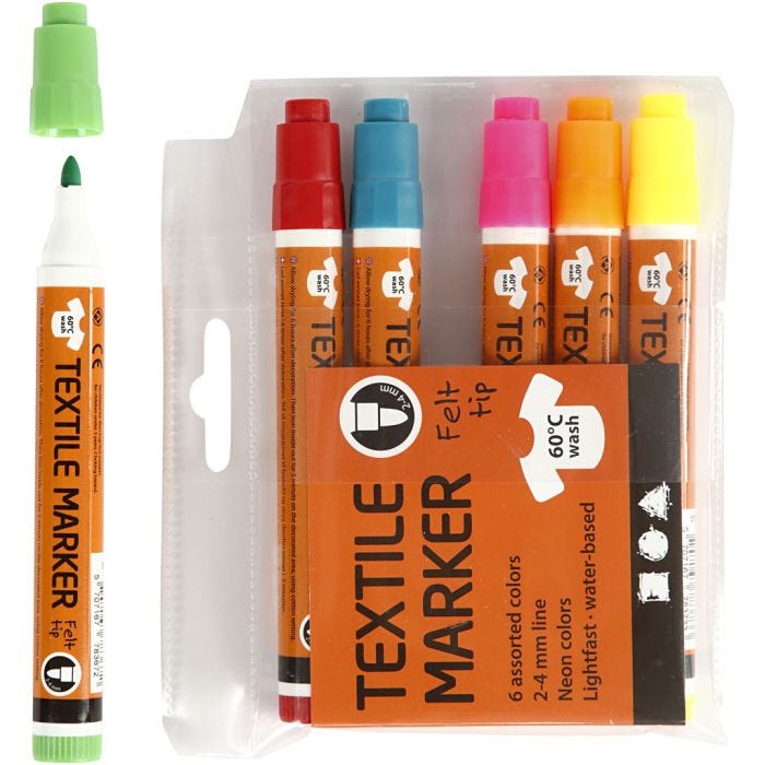 Pennarelli per Stoffa, ampiezza tratto 2-4 mm, colori neon, 6 pz/ 1 conf.