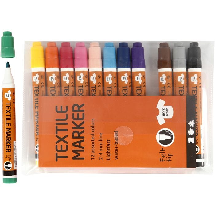 Pennarelli per Stoffa, ampiezza tratto 2-4 mm, colori asst., 12 pz/ 1 conf.