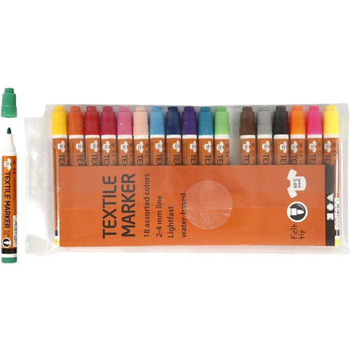 Pennarelli per Stoffa, ampiezza tratto 2-4 mm, colori asst., 18 pz/ 1 conf.