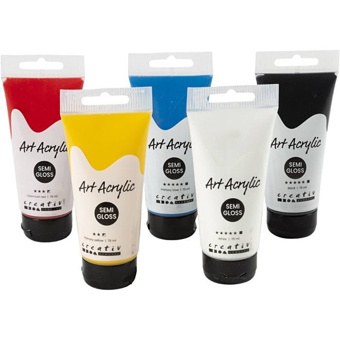 Pittura Acrilia, Colori scolastici, semi-lucido, colori asst., 5x75 ml/ 1 conf.