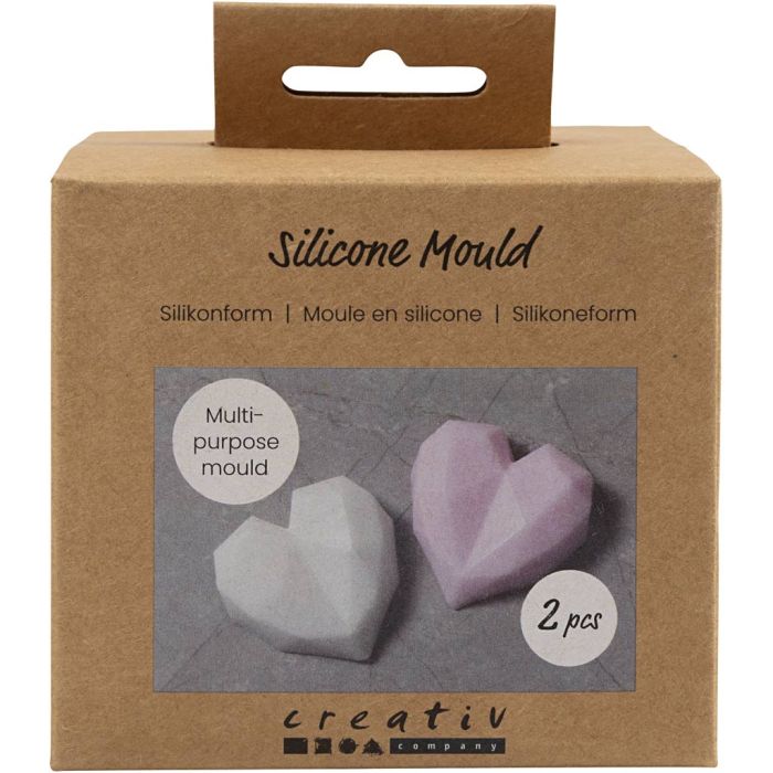 Stampo in silicone, Cuore sfaccettato, H: 2 cm, L: 6 cm, L: 5,8 cm, 2 pz/ 1 conf.