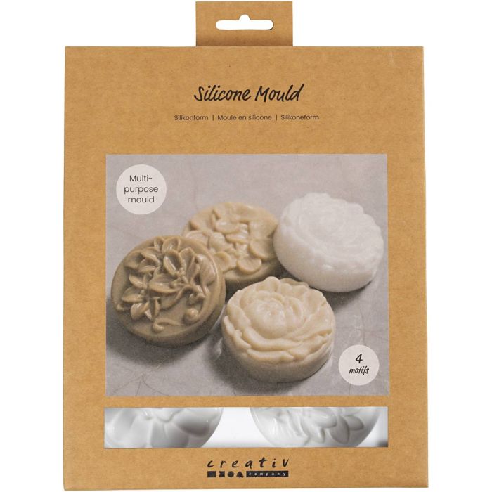 Stampo in silicone, Rotondo con motivo floreale , L: 6,8 cm, L: 2,3 cm, 4 pz/ 1 conf.