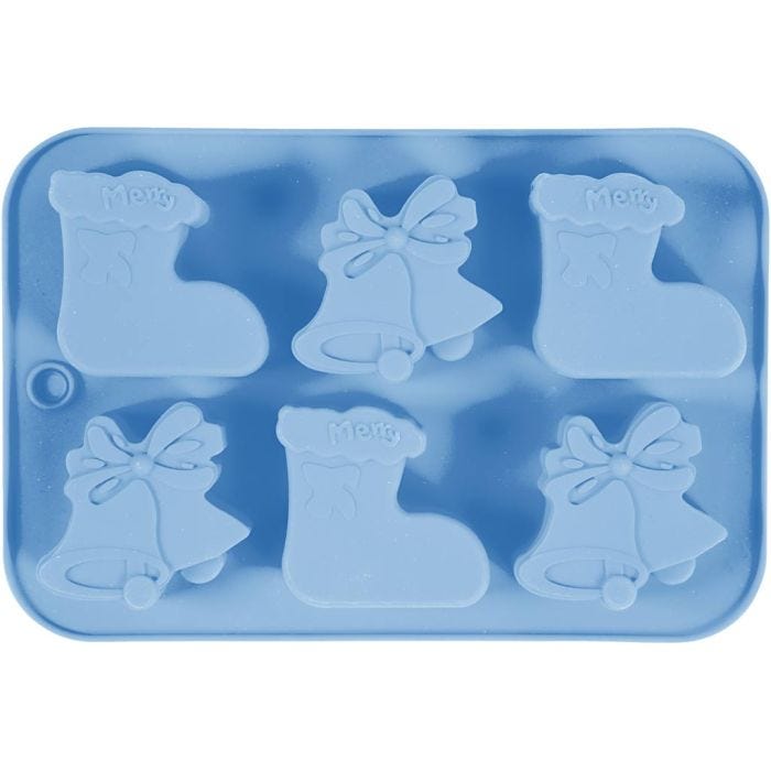 Stampo in silicone, calza natalizia e campane, H: 2,5 cm, L: 6 cm, L: 7,5 cm, 12,5 ml, 1 pz