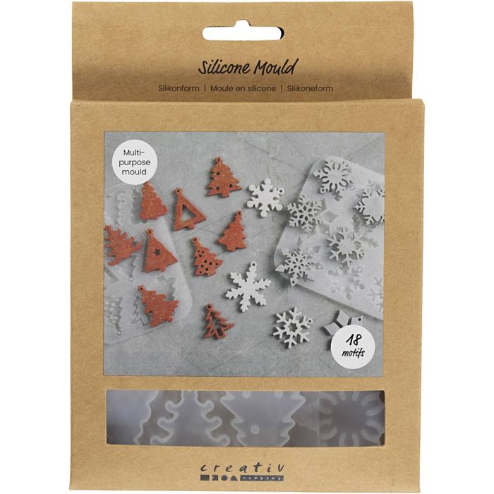 Stampo in silicone, Fiocchi di neve e alberi di Natale, H: 0,3 cm, L: 3,5+4,7 cm, con foro per appendere, trasparente opaco, 2 pz/ 1 pz