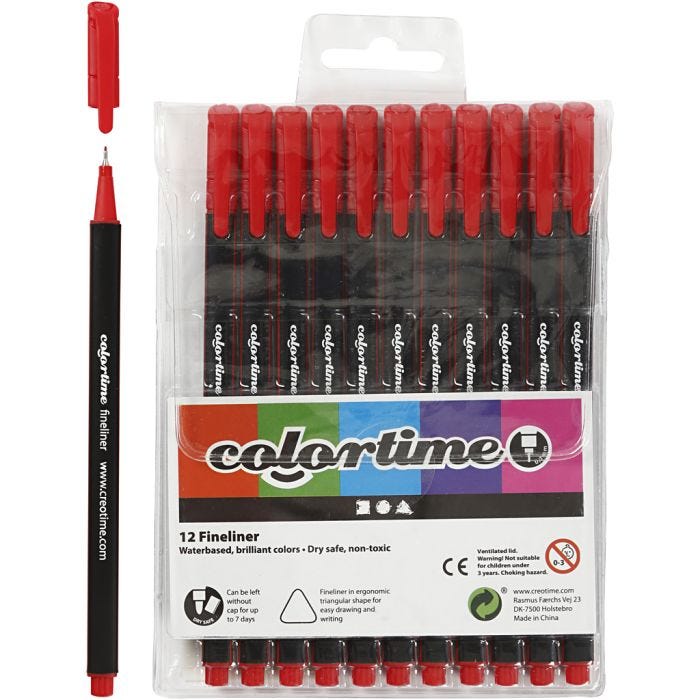 Pennarelli Fineliner Colortime, ampiezza tratto 0,6-0,7 mm, rosso, 12 pz/ 1 conf.