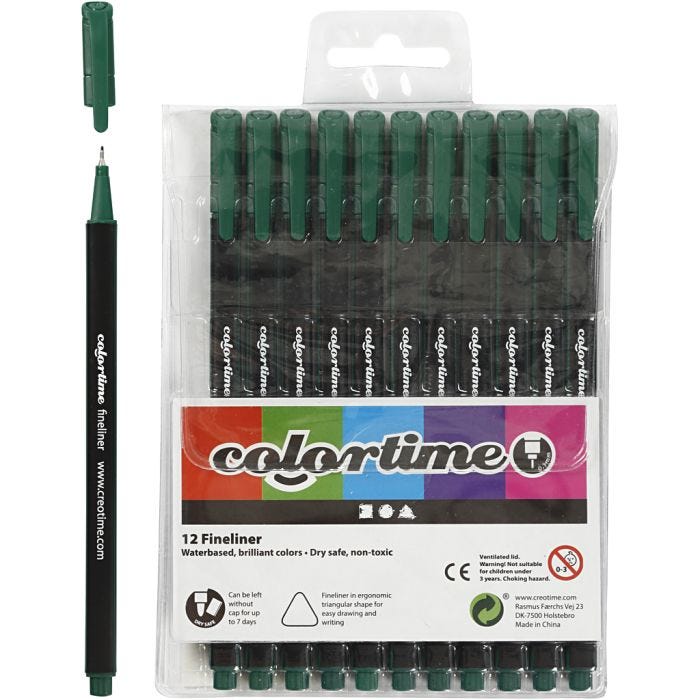Pennarelli Fineliner Colortime, ampiezza tratto 0,6-0,7 mm, verde scuro, 12 pz/ 1 conf.