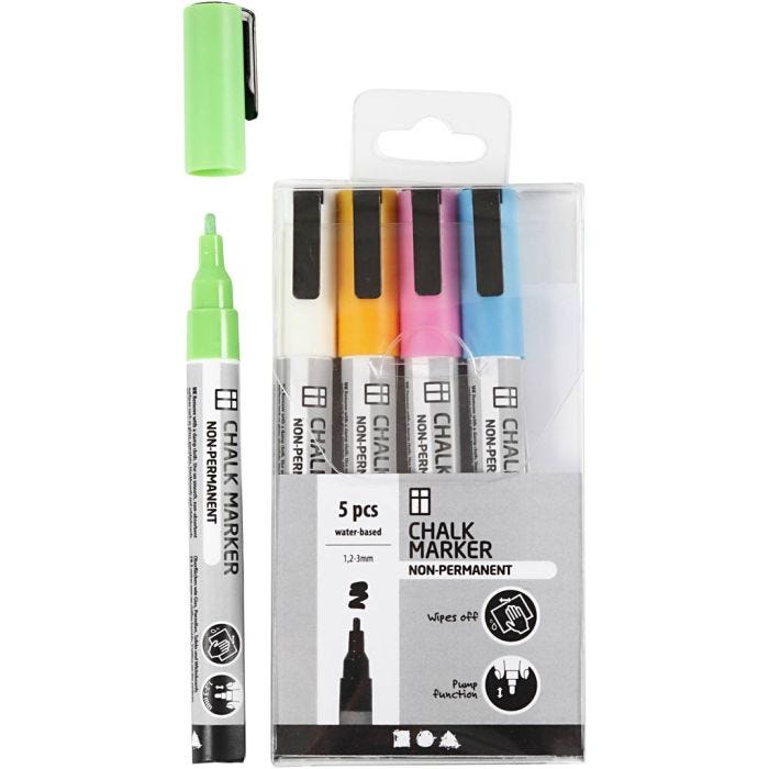 Pennarelli a gesso, ampiezza tratto 1,2-3 mm, colori forti, 5 pz/ 1 conf.