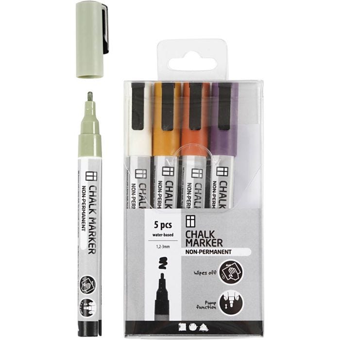 Pennarelli a gesso, ampiezza tratto 1,2-3 mm, colori tenui, 5 pz/ 1 conf.