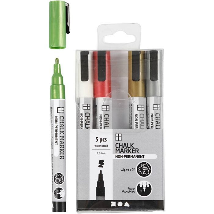 Pennarelli a gesso, ampiezza tratto 1,2-3 mm, colori metallici, 5 pz/ 1 conf.