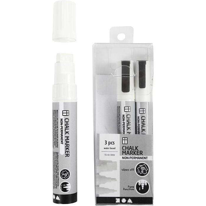 Pennarelli a gesso, ampiezza tratto 3+6+15 mm, bianco, 3 pz/ 1 conf.