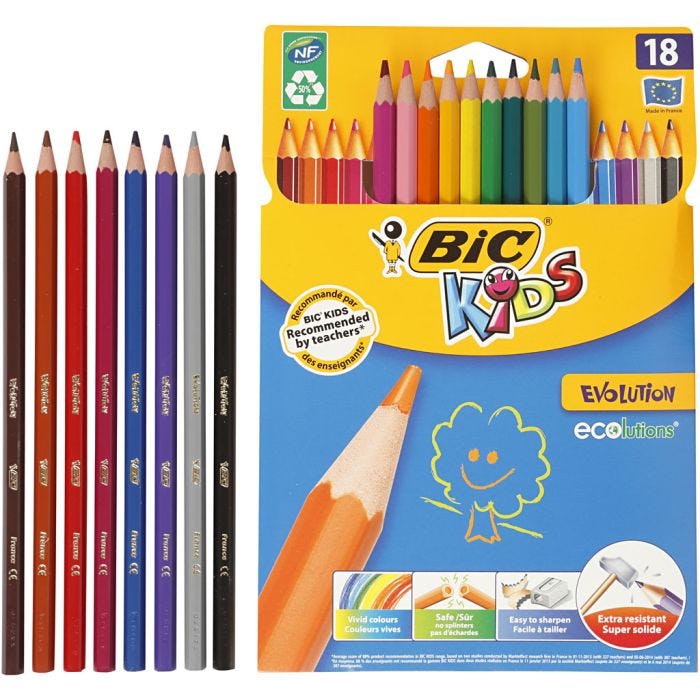 BIC Matite Colorate Evolution, Esagonali, L: 17,5 cm, mina 3 mm, colori asst., 18 pz/ 1 conf.