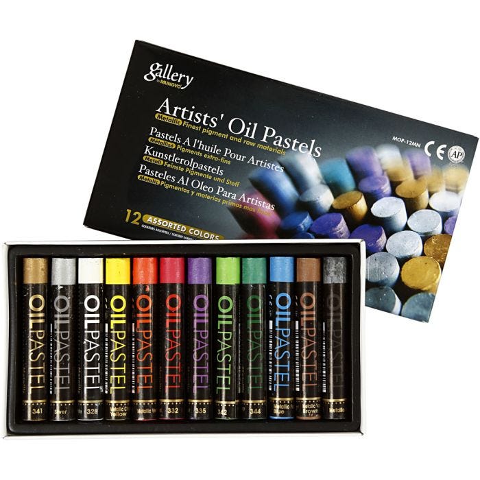 Pastelli a olio Gallery, L: 7 cm, spess. 11 mm, colori metallici, 12 pz/ 1 conf.