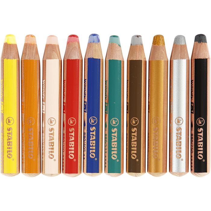 Pastelli Woody 3-in-1, L: 11 cm, spess. 16 mm, mina 10 mm, colori asst., 10 pz/ 1 conf.