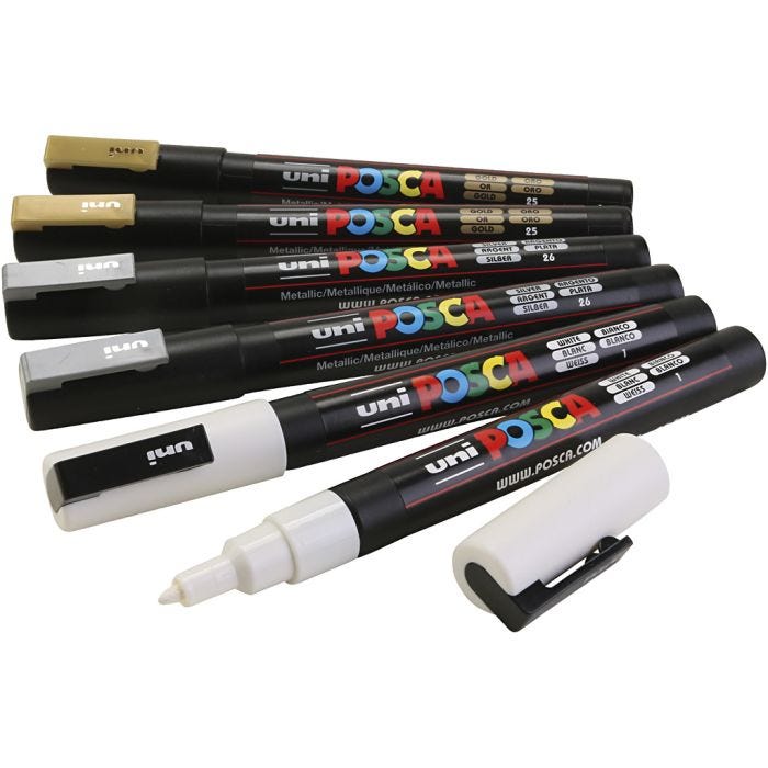 Pennarello Posca, dim. PC-3M, ampiezza tratto 0,9-1,3 mm, oro, argento, bianco, 6 asst./ 1 conf.