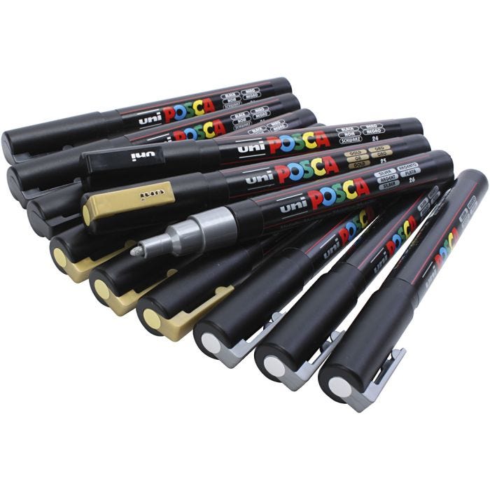 Pennarello Posca, dim. PC-3M, ampiezza tratto 0,9-1,3 mm, nero, oro, argento, 12 asst./ 1 conf.