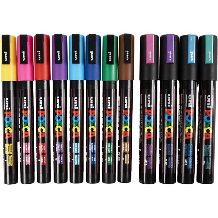 Pennarello Posca, dim. PC-5M + PC-3M, ampiezza tratto 0,9-1,3 + 2,5 mm, colori asst., 12 asst./ 1 conf.