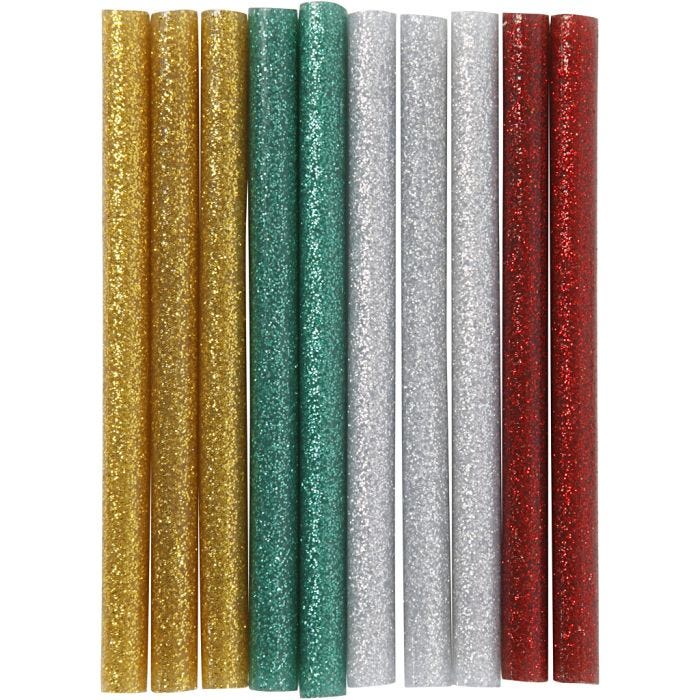 Stick di colla Mini, L: 10 cm, diam 7 mm, glitter, oro, verde, rosso, argento, 10 pz/ 1 conf.