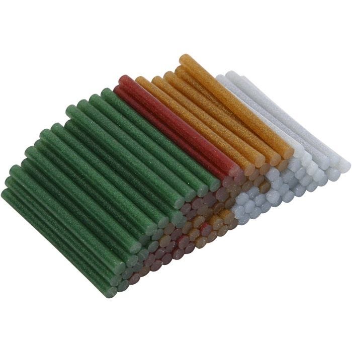 Stick di colla Mini, L: 10 cm, diam 7 mm, glitter, oro, verde, rosso, argento, 100 pz/ 1 conf.