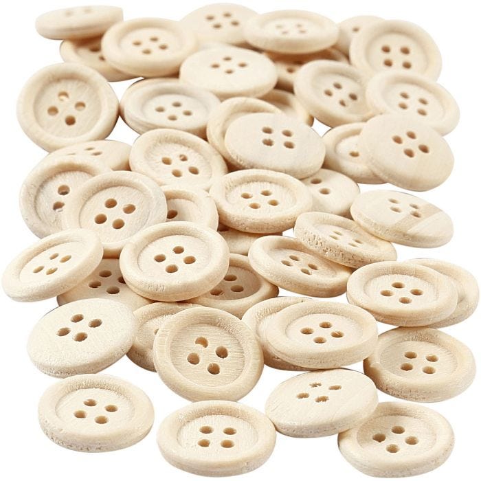 Bottoni in legno, diam 15 mm, 4 buchi, 50 pz/ 1 conf.