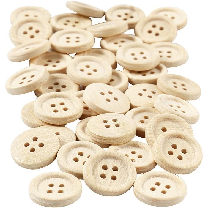 Bottoni in legno, diam 18 mm, 4 buchi, 40 pz/ 1 conf.