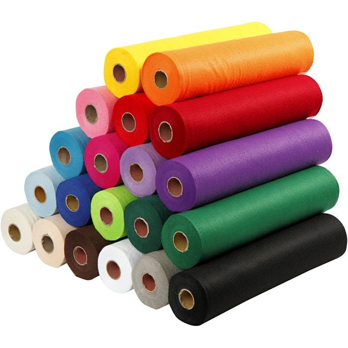 Feltro artigianale, L: 45 cm, spess. 1,5 mm, 180-200 g, colori asst., 20x5 m/ 1 conf.