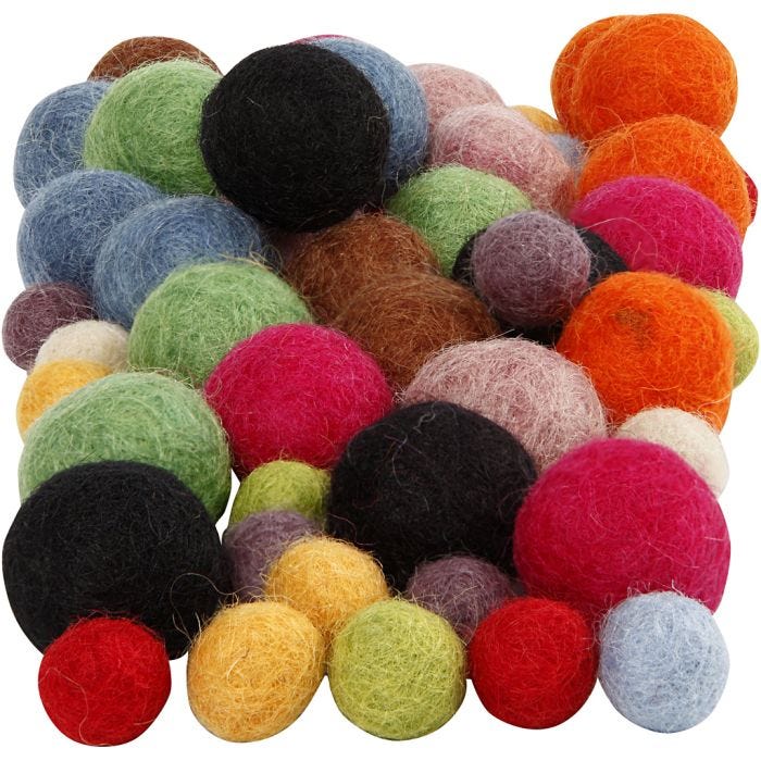 Palle di feltro, diam 10+20 mm, colori asst., 52 pz/ 1 conf.