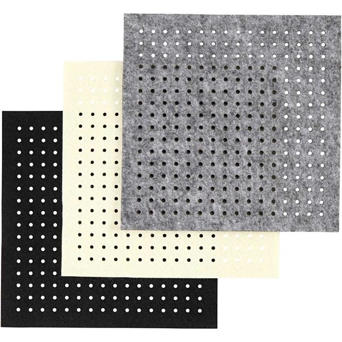 Feltro con buchi, misura 20x20 cm, spess. 3 mm, nero, grigio, avorio, 3x4 fgl./ 1 conf.