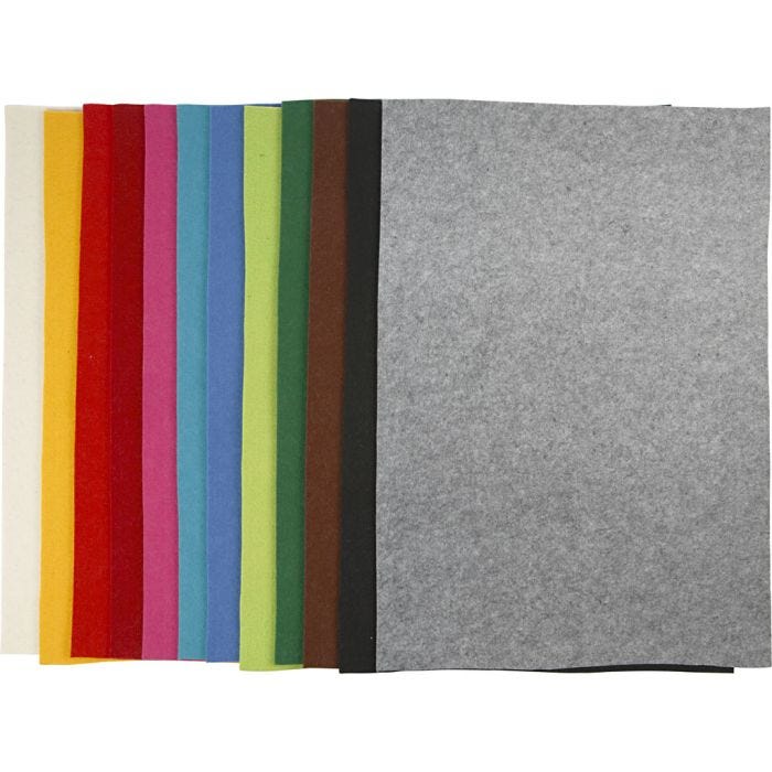 Feltro, foglio 42x60 cm, spess. 3 mm, colori asst., 12 fgl. asst./ 1 conf.