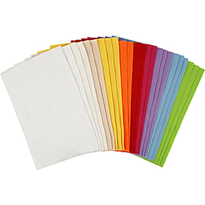 Feltro artigianale, foglio 20x30 cm, spess. 1,5 mm, 180-200 g, colori asst., 24 fgl. asst./ 1 conf.