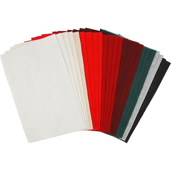 Feltro artigianale, foglio 20x30 cm, spess. 1,5 mm, 180-200 g, colori asst., 24 fgl. asst./ 1 conf.
