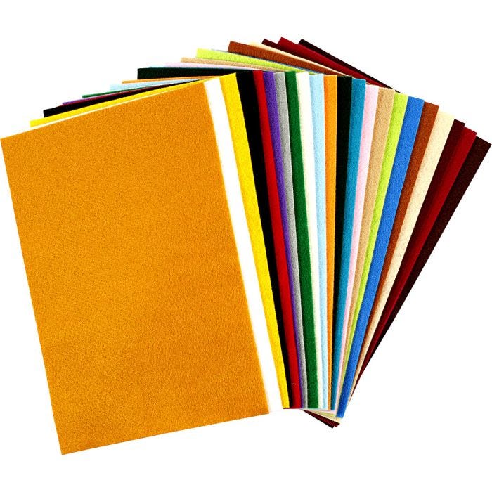 Feltro artigianale, foglio 20x30 cm, spess. 1,5 mm, 180-200 g, colori asst., 24 fgl. asst./ 1 conf.