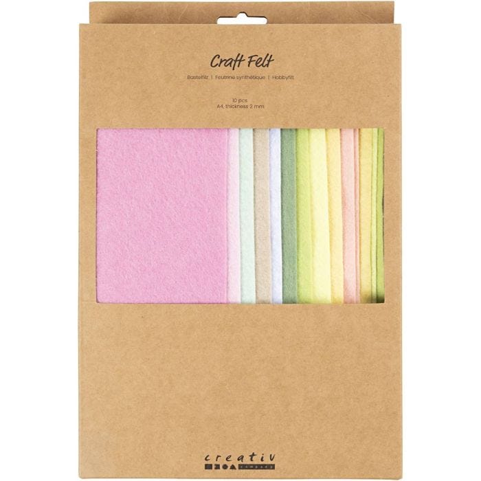 Feltro artigianale, A4, foglio 210x297 mm, spess. 2 mm, colori pastello, 10 pz/ 1 conf.